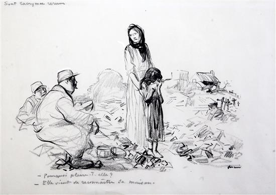 Jean-Louis Forain (1852-1931) WWI cartoon, Sunt Lacrymae Serum, 13 x 18.5in.
